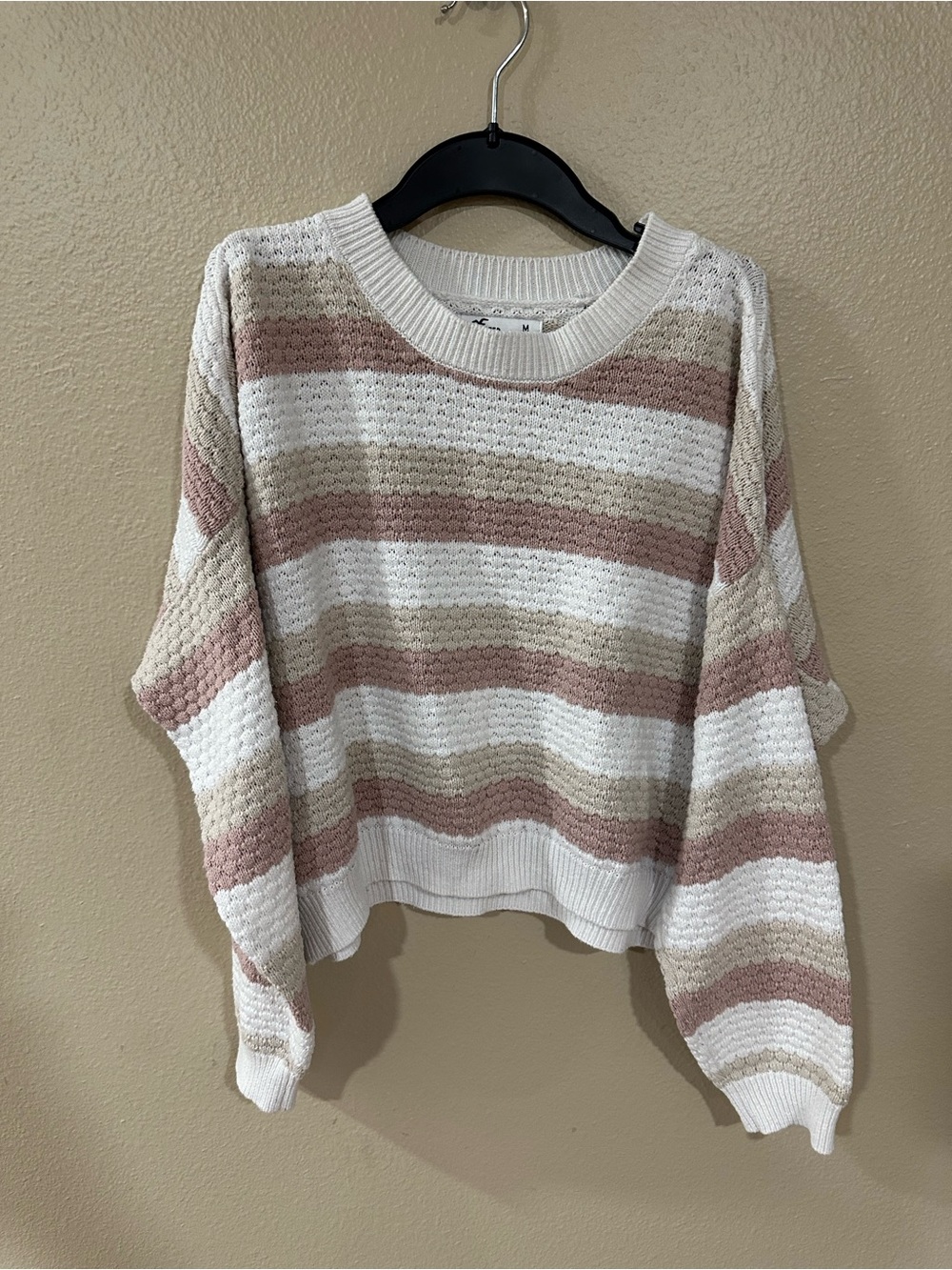Hollister Striped Crewneck Sweater in White, Dusty Rose & Tan